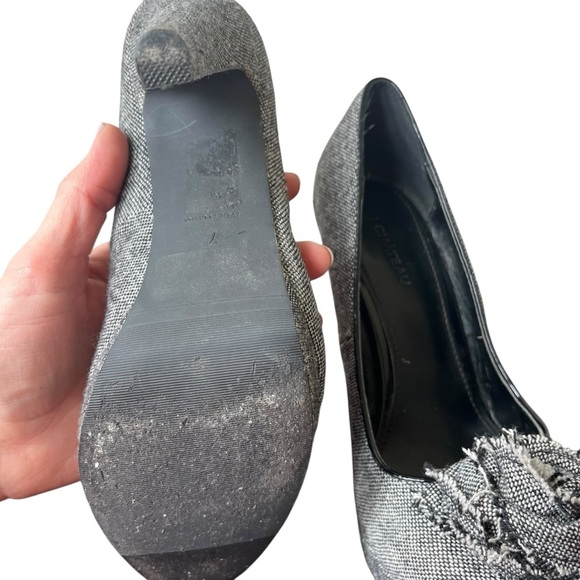 Le Chateau tweed platform heels gray black bouclé flower accent high heel 4” - Picture 9 of 12